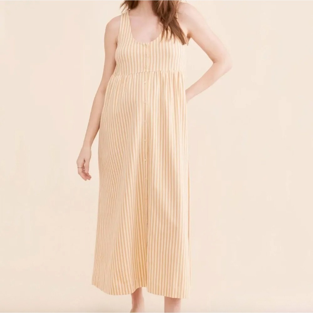 Storq Dress Size S Tan Striped Button Front Maternity Midi Postpartum Cotton